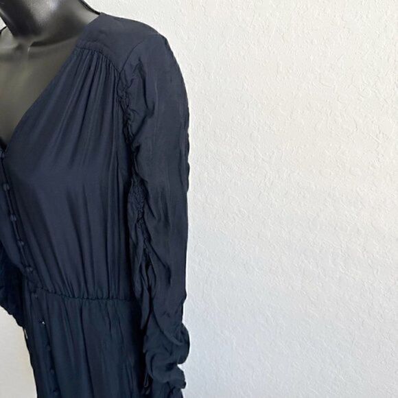 Parker Fletcher Ruched Sleeve Silk Long Sleeve Blouson Dress Midnight Blue Small - Picture 7 of 13